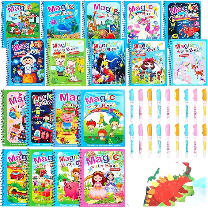 Qeeenar 18 Pack Water Coloring Books for Toddlers Reusable Water Books with Pens, Mess Free Coloring for Toddlers Animal Underwater Themed Painting Doodle Book