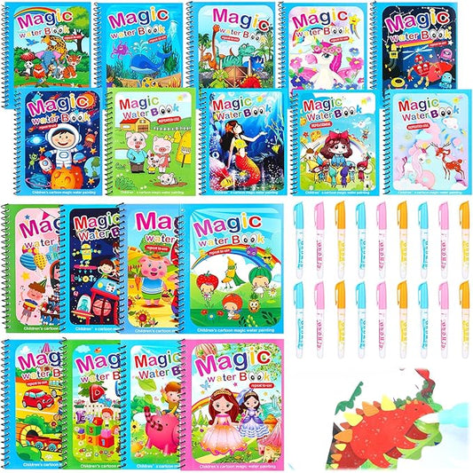 Qeeenar 18 Pack Water Coloring Books for Toddlers Reusable Water Books with Pens, Mess Free Coloring for Toddlers Animal Underwater Themed Painting Doodle Book