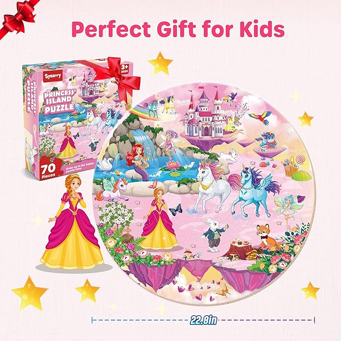 SYNARRY Unicorn Princess Mermaid Fairy Floor Puzzle for Kids Ages 3-5, Large 70 Piece Wooden Puzzle for Kids Ages 4-6, Preschool Toys Gifts for 3 4 5 6 7 8 Years Old Boys Girls Children