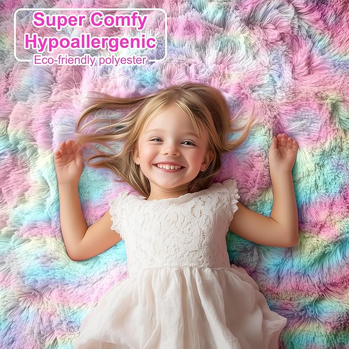 PAGISOFE 4x6 Rainbow Fluffy Soft Plush Area Rugs for Girls Bedroom, Shaggy Rugs for Kids Playroom,Kawaii Princess Fuzzy Rugs for Nursery Baby Toddler,Cute Colorful Room Decor for Teenage
