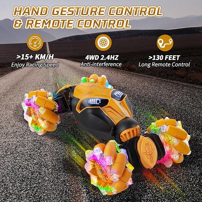 RC Cars Gesture Remote Control Car with Light Music 1:18 for Kids Age 6-12+ Hand Controlled Rc Car 2.4GHz 4WD Rc Stunt Car Gesture Sensing Double Sided Off Road Vehicle Toy Gifts(Yellow,2 Batteries)