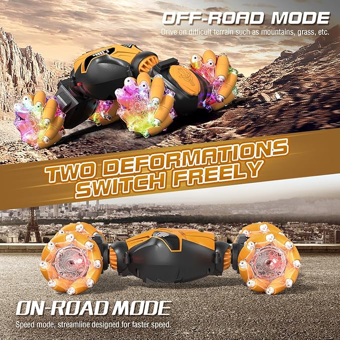 Axirata Gesture Sensing RC Stunt Car with Lights & Music for Kids 6-12 Year Old 4WD 2.4GHz Hand Controlled Remote Control Car 360° Rotation Off-Road Toy Car Gift for Boys Girls（Yellow）