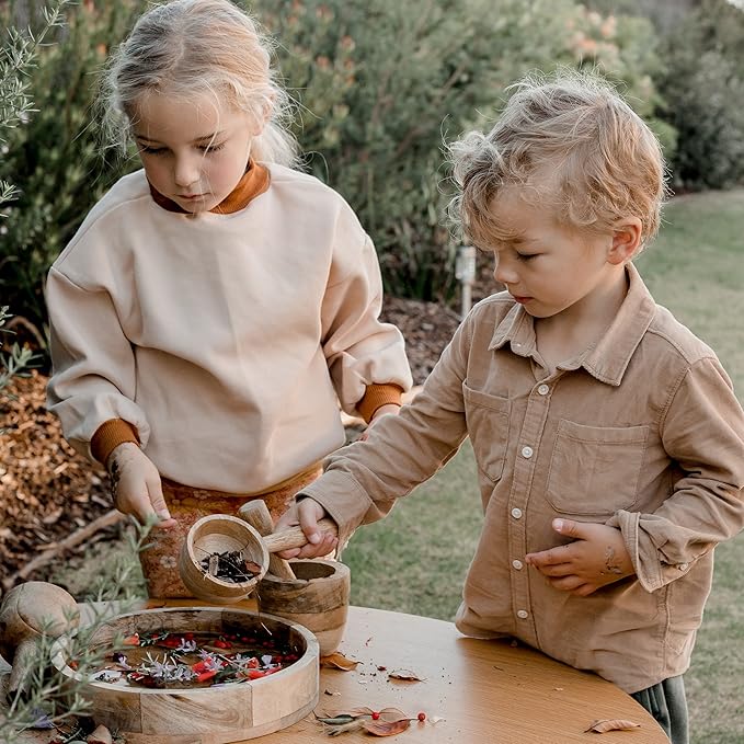 Wooden Funnel & Sensory Play Set – Montessori Pouring, Scooping & Grinding Kit for Loose Parts & Water Play, Natural Mango Wood