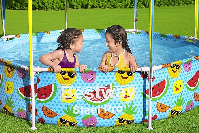 H2OGO! Kids Splash-in-Shade 8-Foot Round Steel Frame Above Ground Pool with Water Mister and Canopy Sunshade, Green Tropical Leaf Print