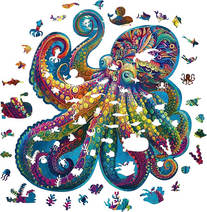 Unique Wooden Jigsaw Puzzles - Agate Octopus, 300 Pcs Medium Size 12.6'' x 12.2'', Luxurious Animal Shaped Wood Puzzle, Beautiful Package, Best Gift for Adults …