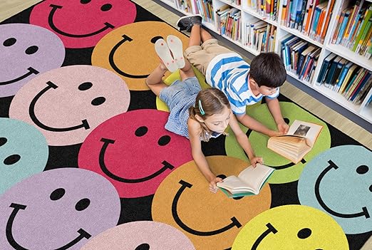 Flagship Carpets Schoolgirl Style Big Rainbow Smiley Faces Educational Area Rug for Kids Room Seating Décor, Children's Classroom, Play Carpet for Teaching and Playroom, 5' x 7'6", Black & Multi