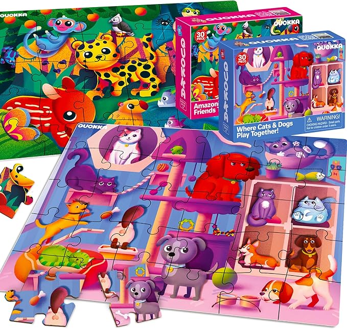 QUOKKA Puzzles for Toddlers 4-6 - 4 x 30 Pieces Puzzles for Kids Ages 3-4 - Dinosaur & Animals Learning Jigsaw Puzzles for Kids 3-5 Years Old - Educational Toys for Boy and Girl