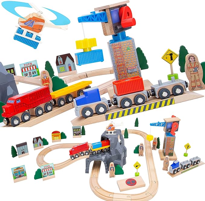 Lift and Load Wooden Train Set with Magnetic Crane, Magnetic Helicopter, Large Diesel Engine, Semi-Truck, Shipping Container Flat Car Compatible with Thomas, Brio, Chuggington, Melissa & Doug