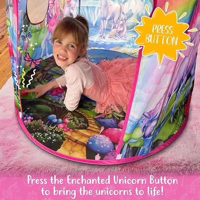 W&O Unicorn Sparkle Play Tent with Magical Unicorn Sounds - Captivating Pop Up Tent for Girls - Perfect for Indoor & Outdoor Play