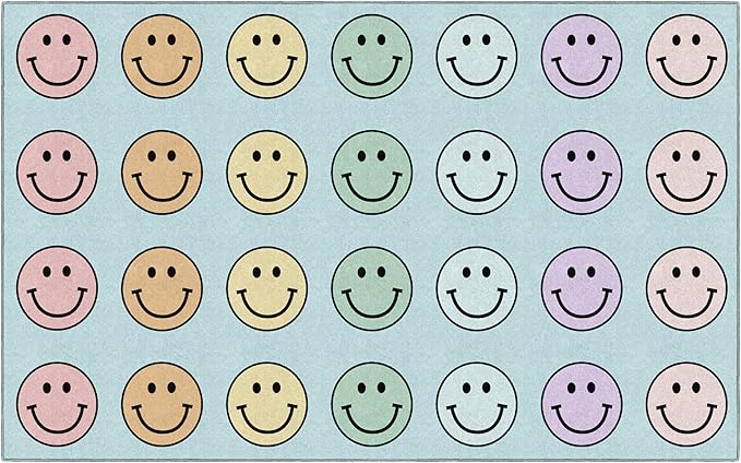 Flagship Carpets Schoolgirl Style Pastel Rainbow Smileys Criss-Cross Applesauce Educational Area Rug for Kids Room, Children's Classroom for Teaching and Playroom, 7'6" x 12', Multi, Seats 28
