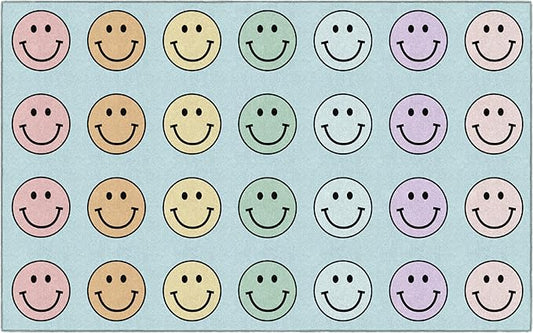 Flagship Carpets Schoolgirl Style Pastel Rainbow Smileys Criss-Cross Applesauce Educational Area Rug for Kids Room, Children's Classroom for Teaching and Playroom, 7'6" x 12', Multi, Seats 28