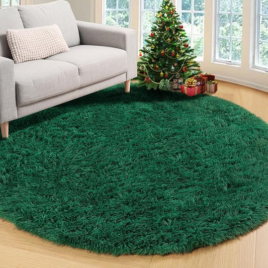 ONASAR Dark Green Round Area Rug 4x4, Soft Bedroom Circle Rugs for Kids Girls Teen Room, Cute Furry Plush Shaggy Carpet for Baby Nursery Living Room Playroom Dorm Christmas Home Decor