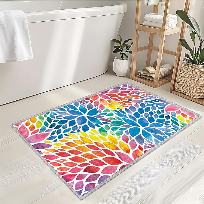 Abstract Rainbow Small Area Rug 2x3 Entryway Rug Colorful Dahlia Multicolor Floral Throw Rugs, Non-Slip Machine Washable Indoor Door Mat Entrance Carpet for Kitchen Bathroom Laundry Bedroom 2'x3'