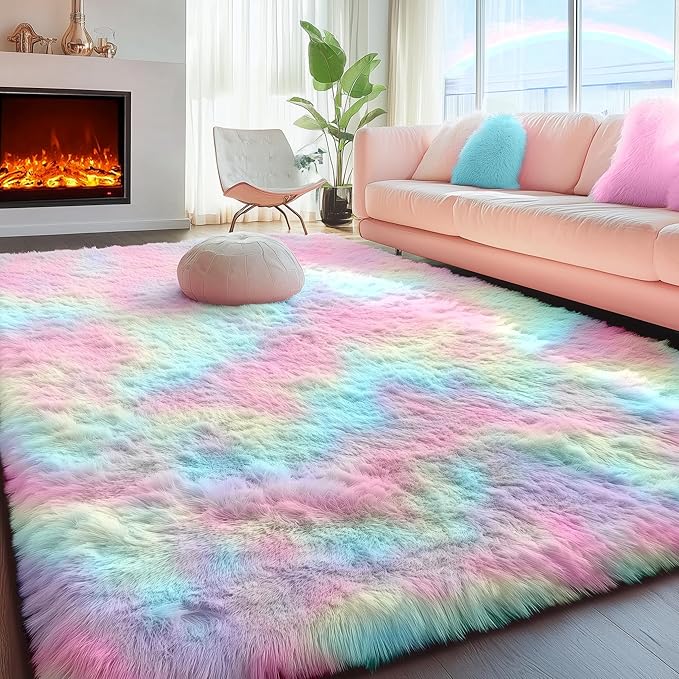 PAGISOFE 4x6 Rainbow Fluffy Soft Plush Area Rugs for Girls Bedroom, Shaggy Rugs for Kids Playroom,Kawaii Princess Fuzzy Rugs for Nursery Baby Toddler,Cute Colorful Room Decor for Teenage