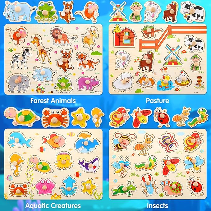 Chivao 8 Set Wooden Peg Puzzles for Toddlers 2-4 Years Alphabet Number Animal Vehicles Puzzles Board for Kids Educational Learning Toys for Children Babies Boys Girls(Cute)