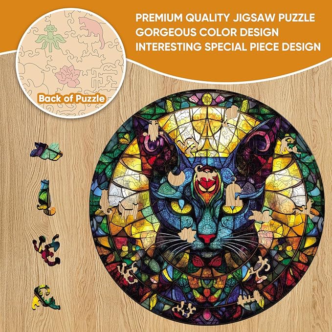 Wooden Puzzles for Adults, Glass Cat Jigsaw Puzzles 500 Pieces, 16.5x16.5in, Unique Shaped Cool Reptile Animal Wood Adult Puzzle, Best Gifts for Adults and Kids Family Game
