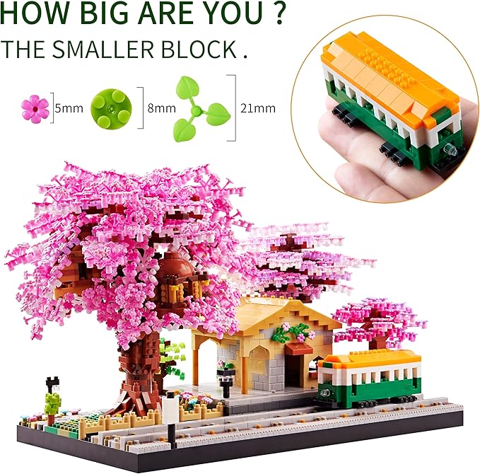 Japanese Cherry Blossom Train Station Micro Building Blocks Set - Creative Mini Bricks Model Kit for Adults and Kids (3668 PCS) with Figures