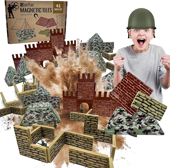 Military Battlefield Magnetic Tiles Building Blocks - Army War Themed Playset for Imaginative Military Building and Learning - STEM Education Toy WW1 WW2 - Great Birthday Gift for Boys