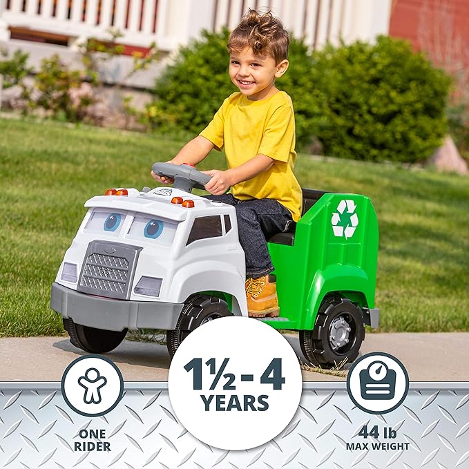Kid Trax Real Rigs Toddler Recycling Truck Interactive Ride On Toy, Kids Ages 1.5-4 Years, 6 Volt Battery and Charger, Sound Effects, 9 Recycling Accessories Included,Green