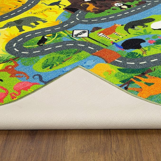 KC Cubs Playtime Collection Animal Safari Road Map Educational Learning & Game Area Rug Carpet for Kids and Children Bedrooms and Playroom (3' 3" x 4' 7")