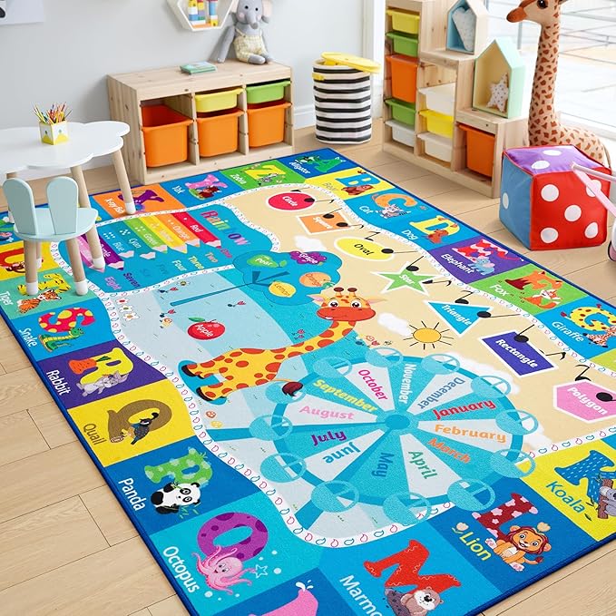 Chicrug Educational Kid Area Rug for Playroom, 7x10 Feet TPR Non Slip Kids Classroom Carpet Rug for Learning ABC Animal,Shape Color Fruit, Washable Play Mat Rug for Children Nursery Toddler Room Decor