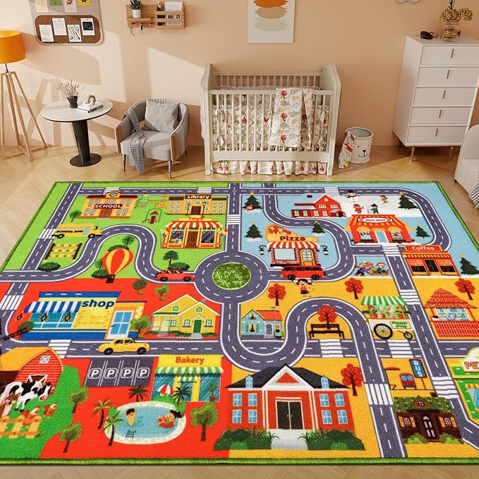Car Rug for Kids, Car Play Mat Carpet, Extra Non-Slip Traffic Road Rug for Kids, City Map Educational Mat for Playroom Boys Bedroom Classroom (110X78.7 INCH, Four Season)