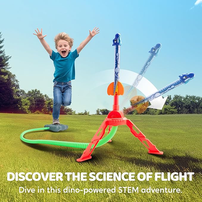 JOYIN Dinosaur Toy Rocket Launcher for Kids, 6 Dinosaur Foam Rockets, Launch up to 100 ft, Family Fun, Birthdays, Gift for Kids Boys 3 4 5 6 7 8 Years Old