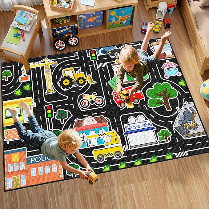 Kids Rug Play Mat - Large Car Rug for Kids Play Educational City Traffic Carpet Road Map Car Mat for Kid Toy Carpet for Bedroom Playroom Classroom Decor 4.5x6 Feet
