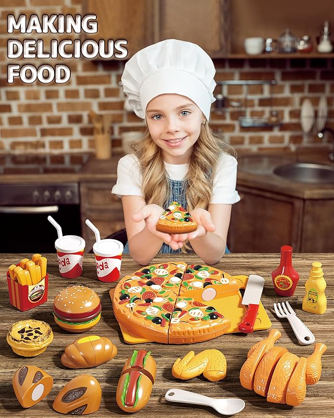 80pcs Pretend Play Food for Kids, Cutting Toy Food Set with Picnic Basket, Play Kitchen Accessories, Food Toys with Veggies, Fruits, Pizza Toy for Boys Girls Gift