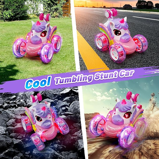 Carsky Unicorn Remote Control Car for Girls,360°Stunt RC Cars Rotation 4WD Remote Cars with LED Lights,Fun Indoor Outdoor Toys for Kids,Chritmas Easter Birthday Gift for 3 4 5 6 Year Old Girl