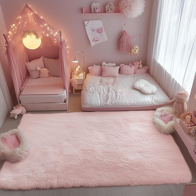 PAGISOFE Pink Fluffy Plush Area Rug 5x8, Kids Shag Rugs for Bedroom Girls, Living Room, Pastel Carpet Nursery Floor Girls Dorm Rug, Plush Soft Kids Rug for Room Decor Aesthetic Kawaii Pink Rugs