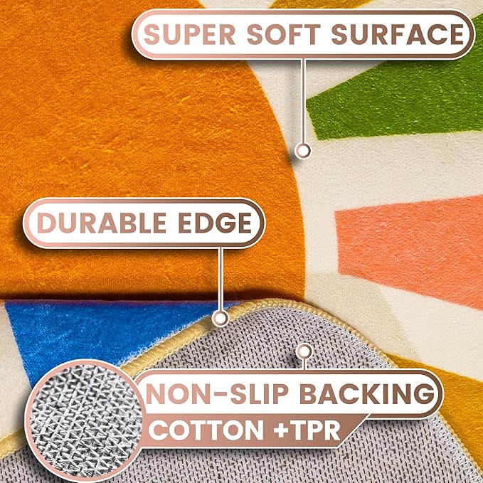 Washable 6Ft Round Sun Area Rug for Living Room, Rainbow Sun Modern Abstract Boho Circle Rug, Ultra Thin Low Pile Lightweight Indoor Carpet Mat with Non-Slip Backing for Bedroom Kids Nursery Play Room