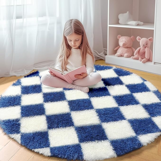 KICMOR Round Rug 4ft for Bedroom, Soft Fluffy Circle Area Rug Cute Small Living Room Carpet, Blue and Cream White Fuzzy Shag Shaggy Checkered Circular Rug for Kids Room Nursery Home Decor Aesthetic