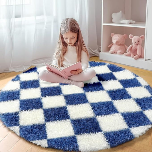 KICMOR Round Rug 4ft for Bedroom, Soft Fluffy Circle Area Rug Cute Small Living Room Carpet, Blue and Cream White Fuzzy Shag Shaggy Checkered Circular Rug for Kids Room Nursery Home Decor Aesthetic