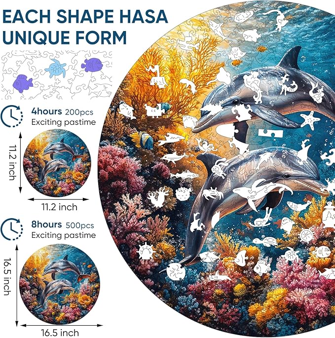 Wooden Puzzles for Adults, Dolphin Wooden Jigsaw Puzzles 500 Pieces, Royal, 16.5 in Unique Shape Ocean Puzzle, Irregular Puzzle Creative for Adults and Kids Family Games