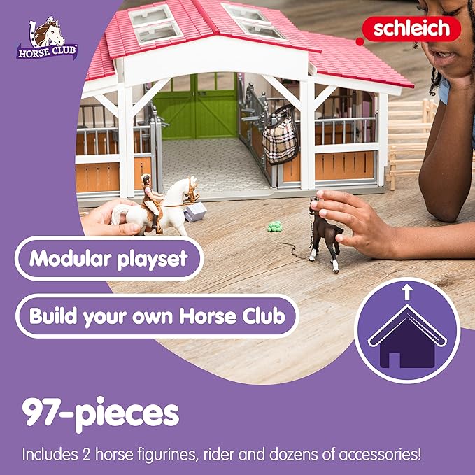 Schleich Horse Club - 97PC Riding Center Horse Toy Playset with Rider, 2 Horses, Barn and Farm Figurine Accessories for Girls and Boys - Interactive Play Figures - Realistic Kids Toys Ages 5+ - 42344