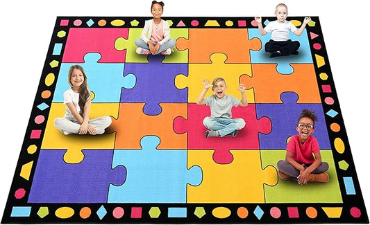 Booooom Jackson Classroom Rug 16 Seats 6'5" x 8'5" Kids Rug for Playroom Kindergarten Pre-K Preschool Homeschool Learning Library Reading Circle Time Activity Colorful Soft Non-Slip with Hard Floor