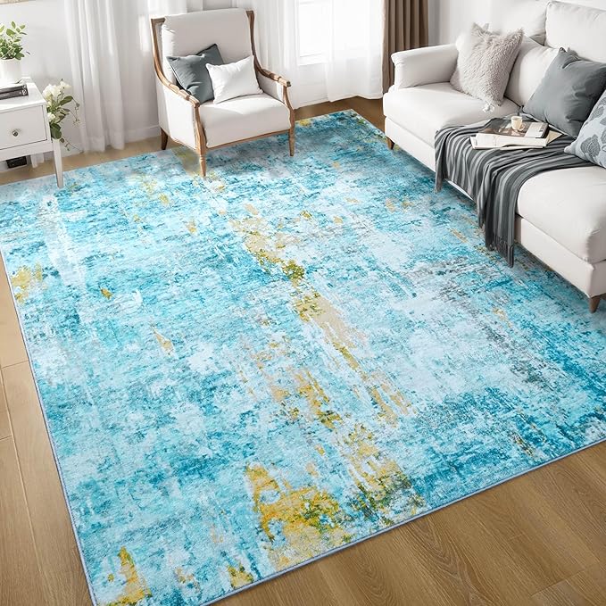 Ompaa Living Room Rug 6x9 Teal Blue Area Rug Machine Washable Boho Rug Non Slip Abstract Vintage Indoor Large Rugs for Bedroom, Classroom, College Dorm, Farmhouse, Dining Room, Kids Playroom