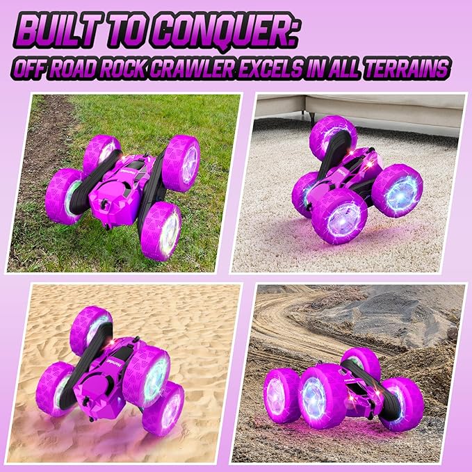 Remote Control Car for Kids Stunt RC Cars with Cool Wheel Lights Double-Sided Driving 360-degree Rotation Boys Toys for Ages 6 7 8 9 10-12 Kids Gift Ideal(Purple)