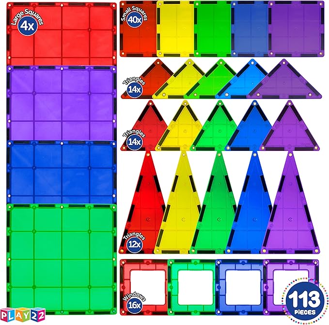 Magnetic Tiles Building Blocks - 113pcs Advanced Set - STEM Toys for 3+ Year Old Boys and Girls -Strongest Magnets - Includes 13 Piece Insert Alphabet Cards - Learning by Playing