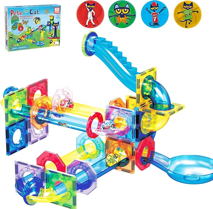 PicassoTiles 62 Piece Magnetic Marble Run Pete The Cat Marble Maze Marbles for Kids Race Track Toy Set Sensory Toys for Toddlers STEM Education Magnet Building Blocks Construction Tiles Boys Girls 3+