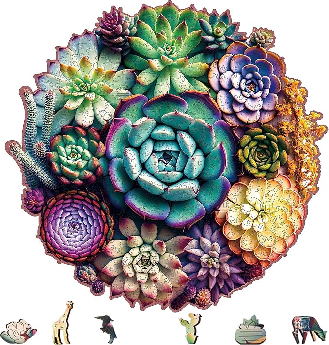 Wooden Jigsaw Puzzles - Mandala Succulent Plants, 1000 Piece Luxurious Shaped Wooden Puzzles for Adults and Kids, Family Game, 23.4'' x 22.6''