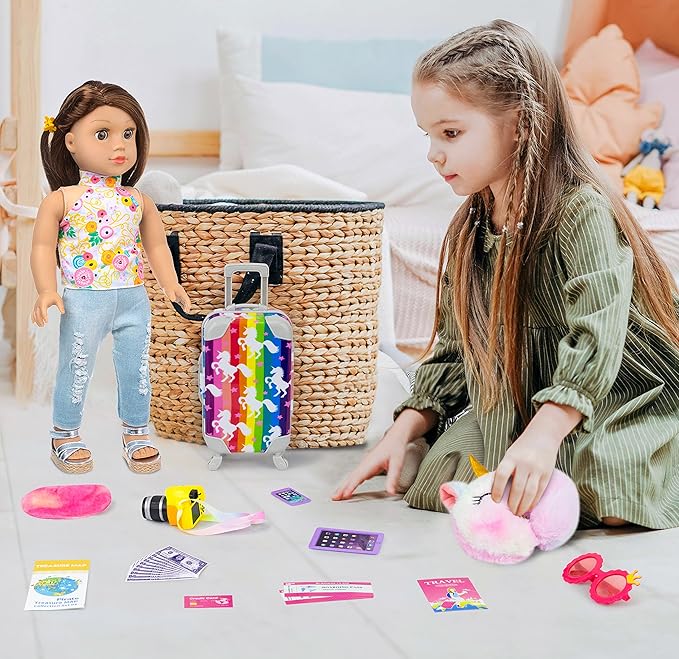 ZITA ELEMENT 24 Pcs 18 Inch Girl Doll Clothes and Accessories Travel Suitcase Set for 18 Inch Doll Accessories Unicorn Stuff