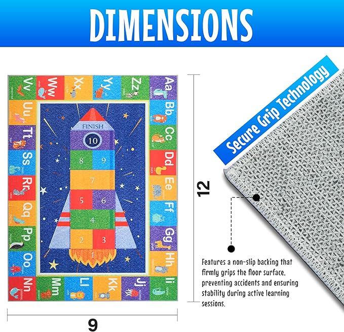 Hudson Comfort Classroom Rug 9x12 - Rugs for Elementary, Daycare, Nursery, and Playroom - Super Soft Non-Slip Carpet - Kids Fun Floor Mat for Playtime (Rocket)