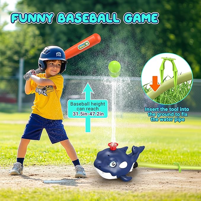 4-in-1 Whale Water Sprinkler Baseball Set for Kids,Summer Water Toy with 3 Jets, 4 Balls and Rocket Launch Game, Kids Sprinklers with 360° Rotating Sprinkler,Outdoor Water Toys for Age 3+ Years