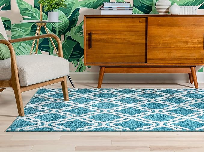 Modern Rug Calipso Blue 3'3" x 5' Lattice Trellis Accent Area Rug Entryway Bright Kids Room Kitchn Bedroom Carpet Bathroom Soft Durable Area Rug