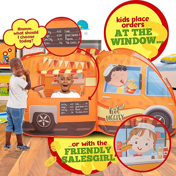 Kiddzery Food Truck Play Tent - 54 Pc. Food Set Pop Up Playhouse - Pretend Play Toys for Toddlers - Ball Pit Playset - Indoor & Outdoor Toy Tents for Kids - Trucks for Boys & Girls