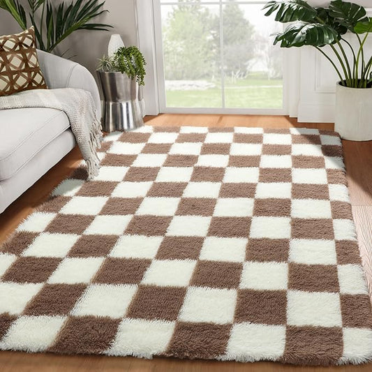 KICMOR 4x6 Brown and Cream White Area Rugs for Bedroom, Fluffy Shag Shaggy Fuzzy Checkered Living Room Rug, Soft and Comfy Bedside Carpet, Furry Plush Rug for Kids Room Nursery Home Decor Aesthetic