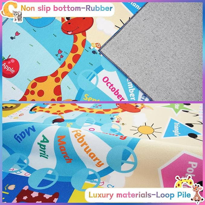 Chicrug Educational Kid Area Rug for Playroom, 7x10 Feet TPR Non Slip Kids Classroom Carpet Rug for Learning ABC Animal,Shape Color Fruit, Washable Play Mat Rug for Children Nursery Toddler Room Decor