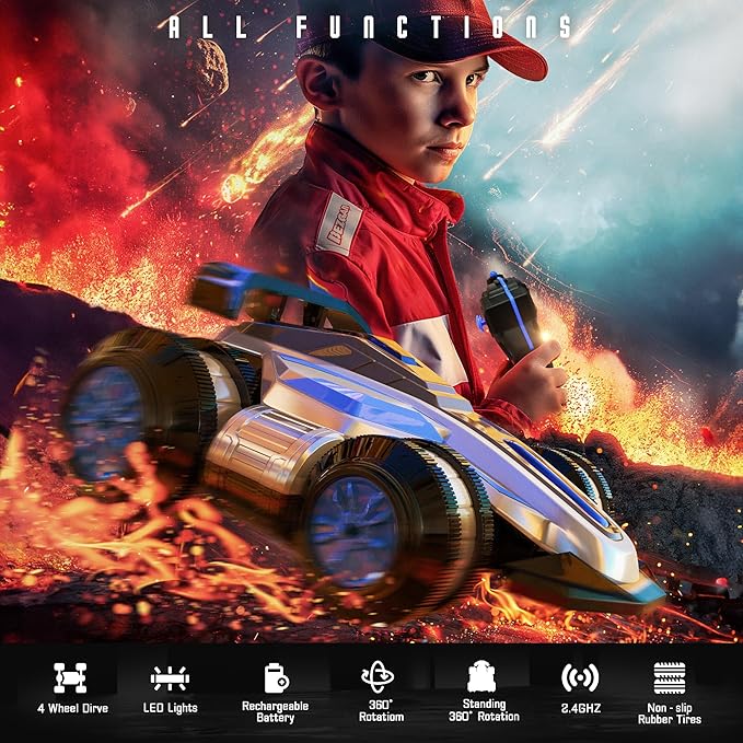 BEZGAR Upgraded Remote Control Cars for Boys Age 4-7 - 360 Spin Rotating Fast RC Vehicle, 4WD Upright Walking Rc Stunt Car with LED Lights Music, 2.4Ghz Indoor/Outdoor All Terrain Cars(Blue)